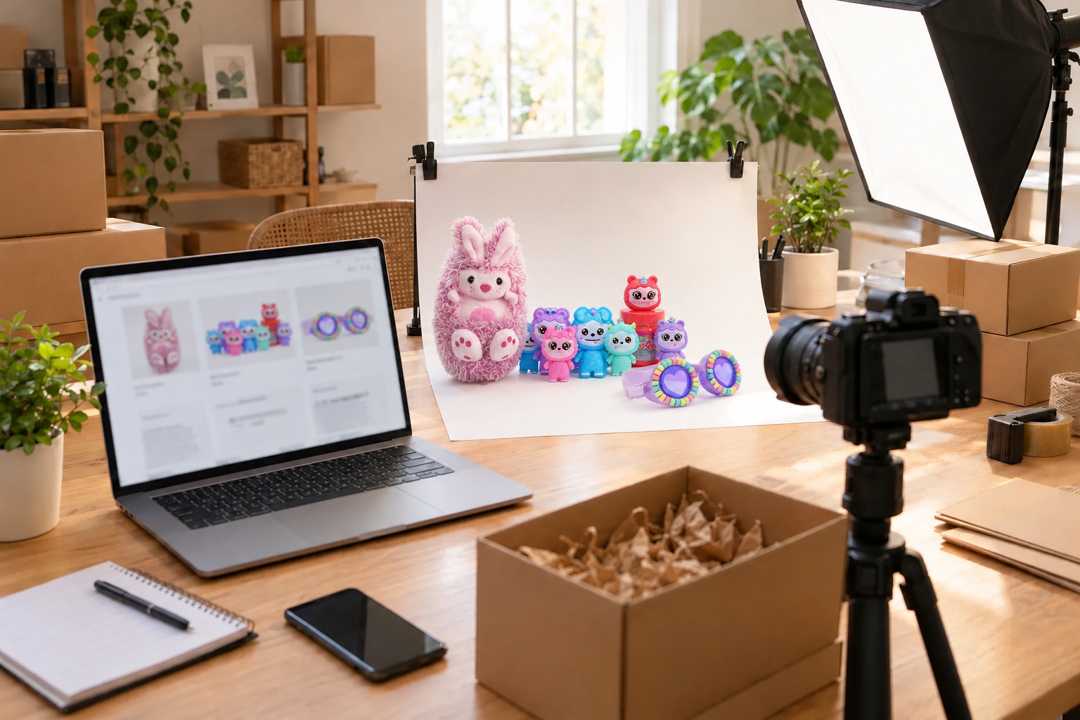 E-commerce packing table with toys being photographed for product listings